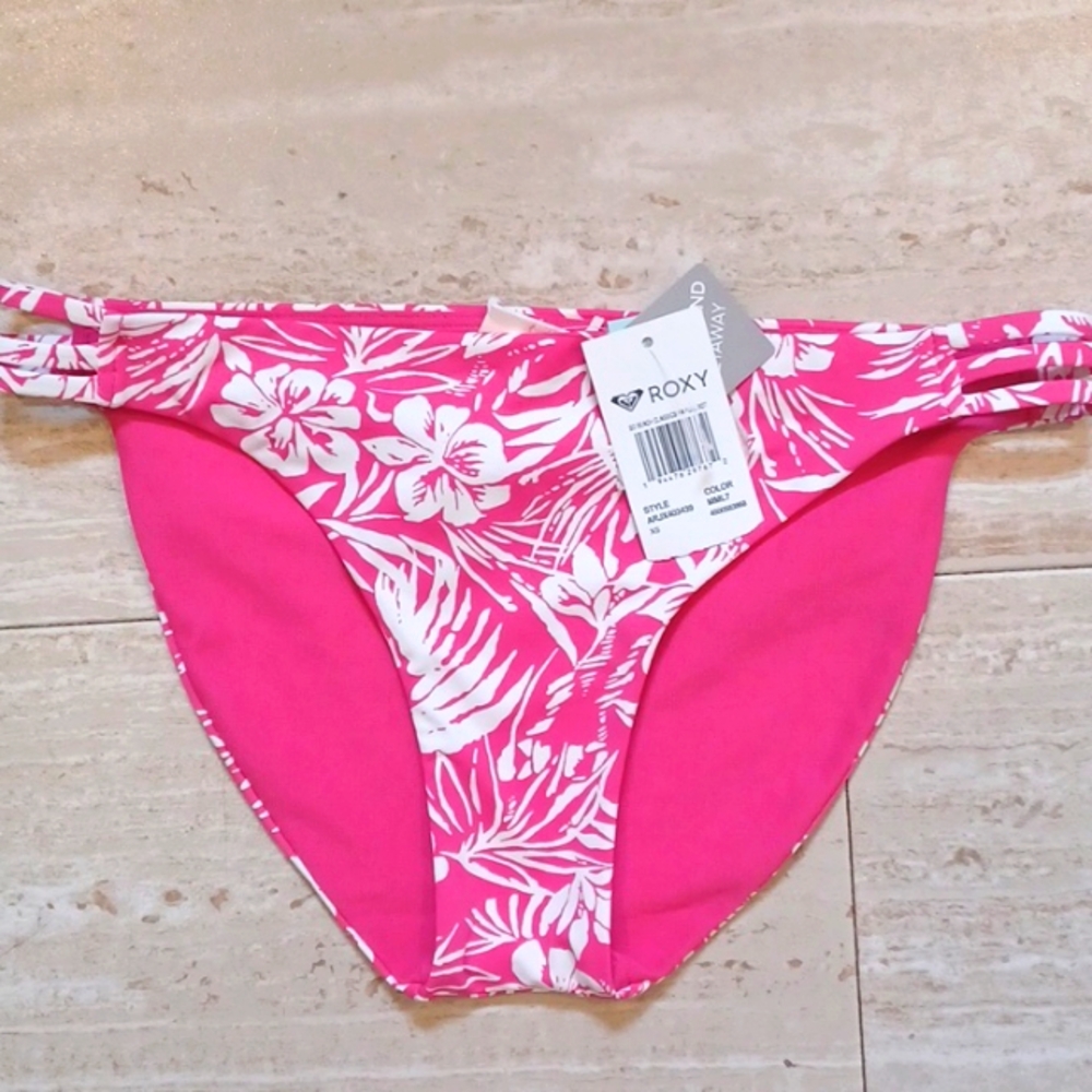 New Roxy Pink/White Tropical Floral Design Bikini Bottoms